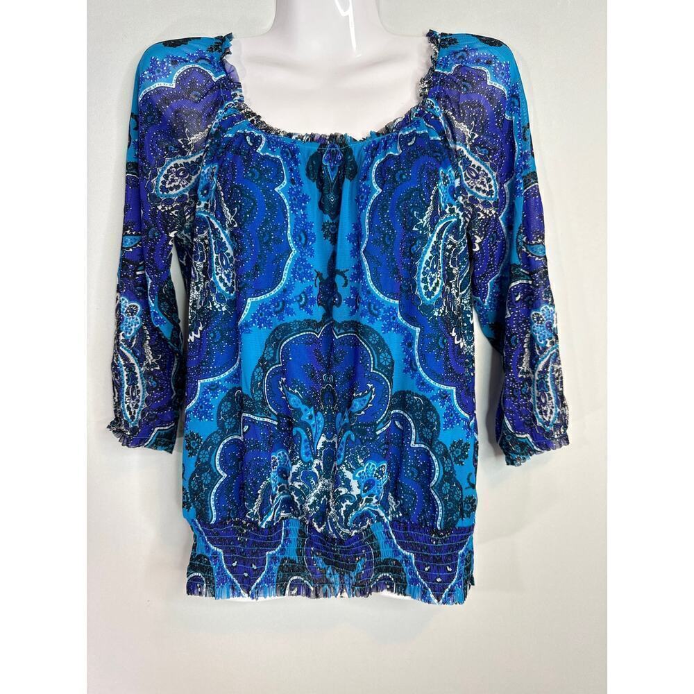 INC International Concepts Blue Print Nylon Scoop neck Pullover Blouse Sz. Small